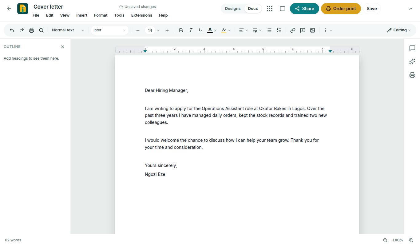 The Ifiok Creatives editor with the menu bar, the formatting toolbar and a page open