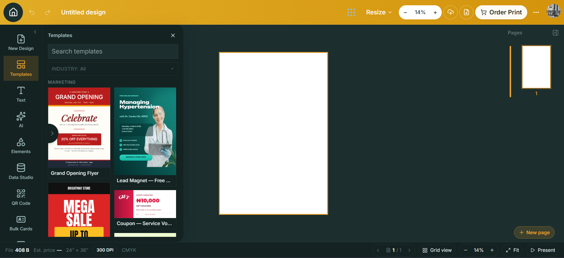 The Ifiok Creatives editor with a 24 by 36 inch page open, showing 300 DPI and CMYK in the status bar and an Order Print button